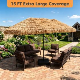 15 x 9 FT Double-Sided Solar LED Patio Umbrella, 144 LEDs 12 Modes Outdoor Thatch Umbrella with Type-C Charging & Weighted Base (Option: Default Title)